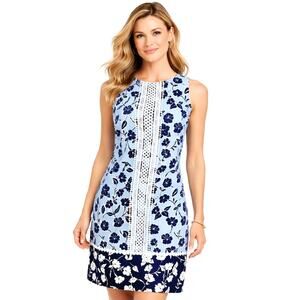 Eliza J Linen Sheath Dress Blue Floral Crochet Lace Trim Sleeveless Career 6